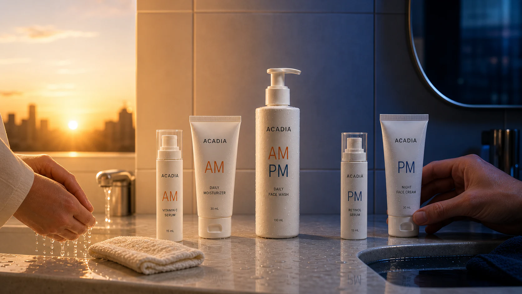 Synthetic Acadia concept products in one bathroom changing from warm morning light to deep evening light